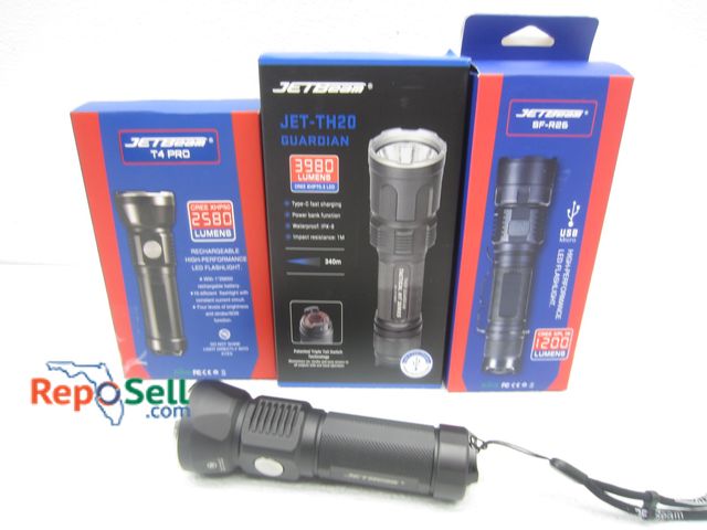 Lot 31-4469 - (3) Jet Beam Flashlights: TH20, SFR26, T4Pro - (TH20 No Battery or Charger)