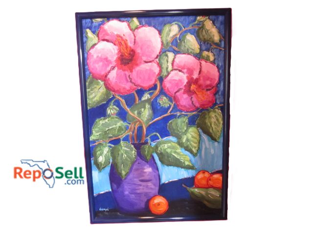 Lot 31-1255 - Purple Vase w/Flowers, Canvas, Framed, Art by Lampl  26"x38" (#6.5)