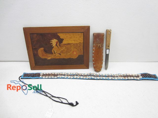 Lot 31-9438 - Framed Bark Art 15 x 11, Cowrie Shell Belt and Malco Duct Knife