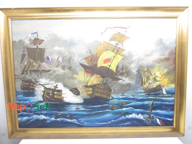 Lot 31-1146 - Framed Original Oil by FerreIra, 55" by 39" -  needs repair.