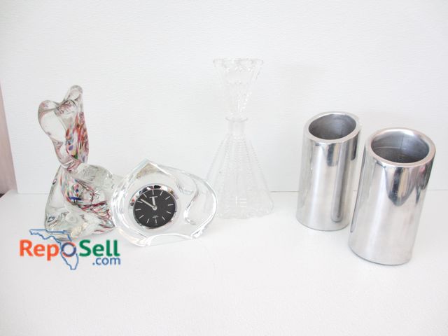 Lot 31-1459 - Lot Of (5) Decor: (3) Glass, (2) Nombe Silver Tone Vases,(1) Piece Singed Kiag, Tallest Is 13"