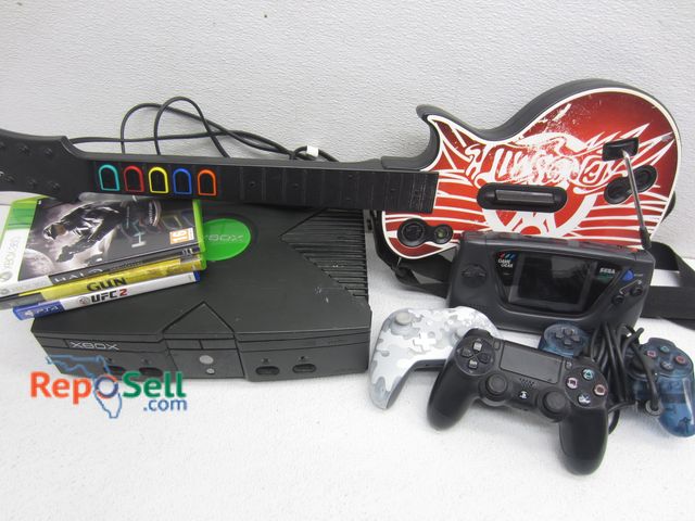 Lot 31-1178 - Video Game Lot: Xbox (Powers On), Controllers &amp; Games (PS &amp; Xbox) Sega, Guitar