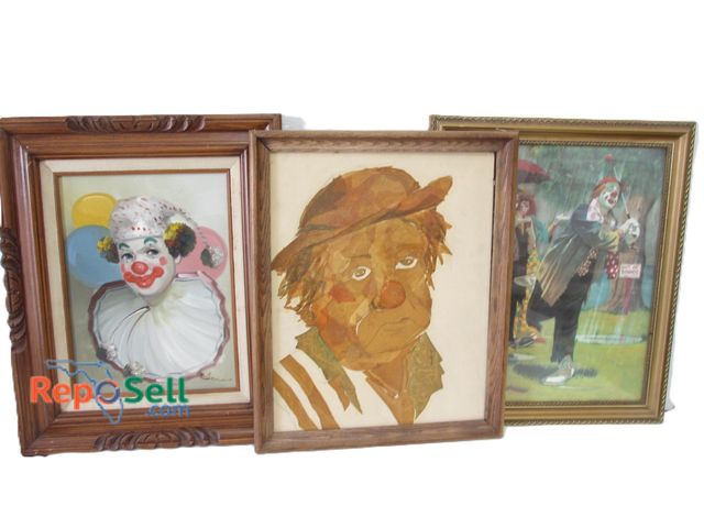 Lot 31-1240 - (3) Framed Clown Wall Art Pieces; (1) Original Oil on Canvas; (1) Paper Mache and (1) Print; Various...