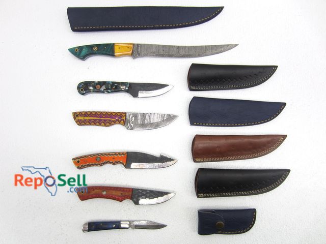 Lot 31-9126 - (5) Fixed Blade Knives w/Sheaths &amp; (1) Pocket Knife w/Sheath - Some Damascus Style