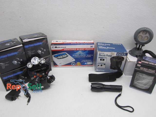 Lot 31-2345 - (4) Rechargeable Head Lamps w/Chargers, Batteries, (1 New Elec Pump, (1) New Tactical Pop up Lantern...