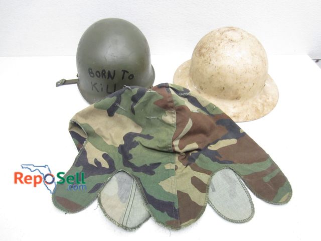 Lot 31-9457 - Military Lot: Vintage White Helmet, Green Helmet, Camo Cover