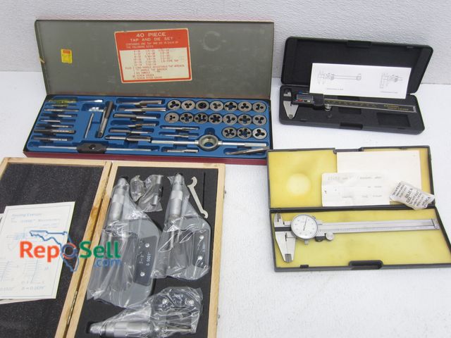 Lot 31-1373 - Tool Lot: (2) Dial Calipers, Tap &amp; Die Set &amp; 0-3" Micrometer