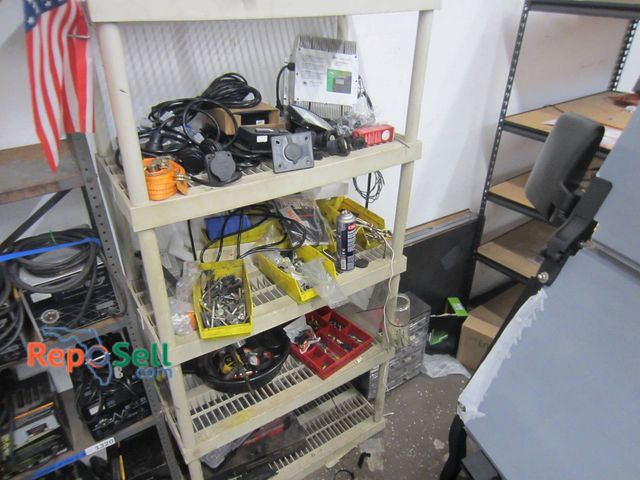 Lot 31-1322 - Plastic Shelf With Assorted Tools, Hardware, Chargers Including HOK HDE20-48V, Electrical Components...