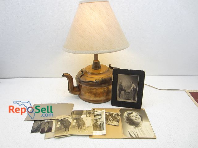 Lot 31-2551 - Vintage Copper Tea Kettle Lamp and Old Photos