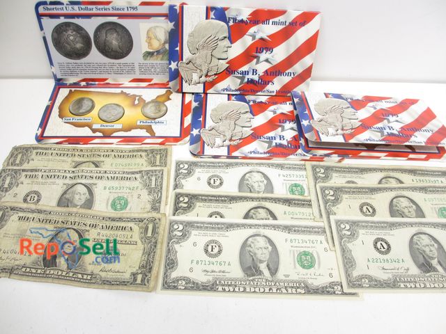 Lot 31-5017 - (4) Susan B Anthony 1979 Dollar Sets, (6) $2 Bills, (1) Silver Cert $1, etc.