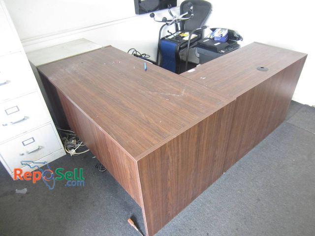 Lot 31-1312 - L-Shaped Wood Laminate Office Desk 71" x 59 x 29 And Metal Two-Drawer Filing Cabinet