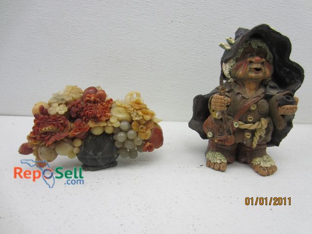 Lot 31-5167 - Clay Garden Gnome (7" Tall) &amp; Floral Carved Stone Bouquet