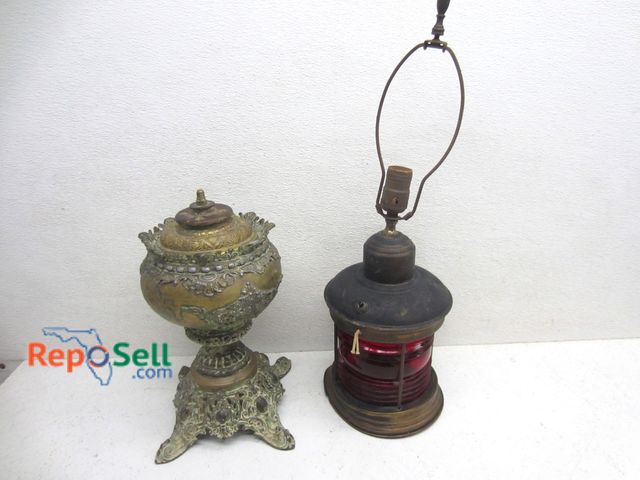 Lot 31-6076 - Red Brass Lamp And Brass Kerosene Lamp