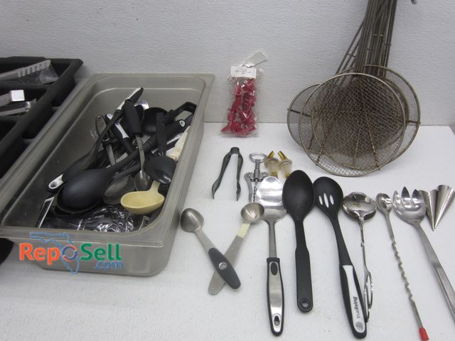 Lot 31-4155 - Restaurant Kitchenware Lot: Strainers, Bottle Spouts, Spoons etc