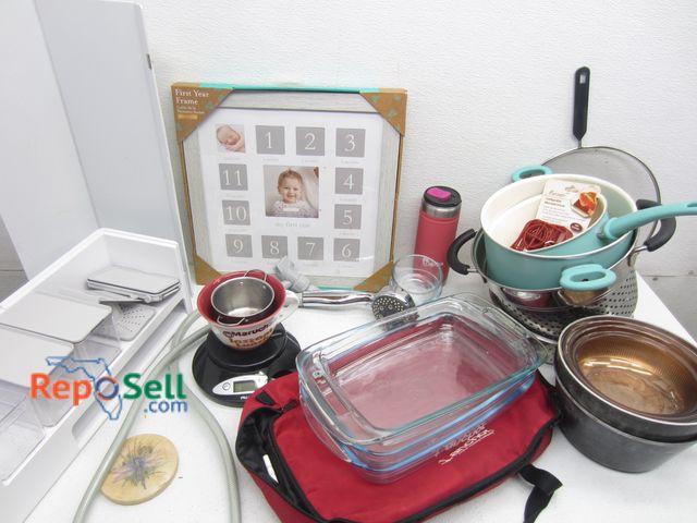 Lot 31-1084 - Estate Lot: Pyrex Baking Pans, First Year Frame, Strainers, etc.