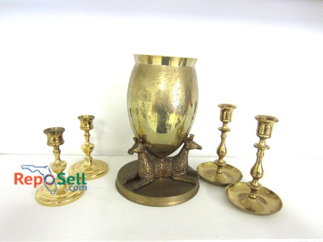 Lot 31-2573 - (5) Brass Items: 4 Candle Holders and giraffe Vase