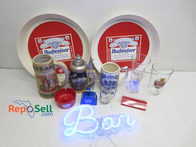 Lot 31-3392 - Lot of Bar Items: Light Up Sign, Trays, Steins, etc.