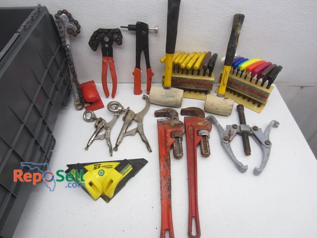 Lot 31-1403 - Tote of Tools: (2) T-Handle Hex Key Sets, (2) Pipe Wrenches, Laser Level &amp; Square, etc.