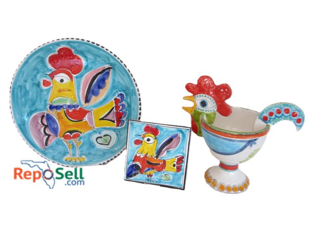 Lot 31-1042 - Ceramic Rooster Decor Made in Desimone Italy: Plate, Pot Holder, Serving Bowl