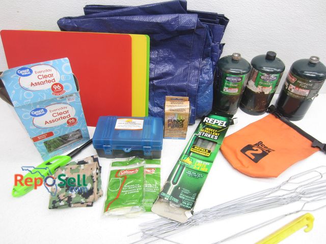 Lot 31-8421 - Camping Acces: Tarp, (3) Small Propane Tanks, Ammo Case etc