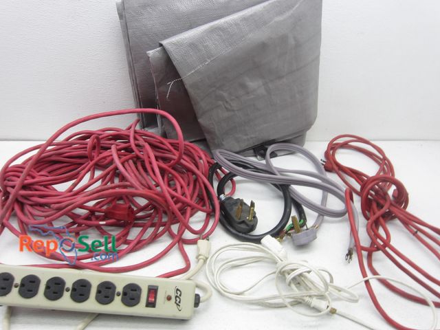 Lot 31-5598 - (3) Extension Cords, Power Strip, Tarp, (2) 250V Plugs