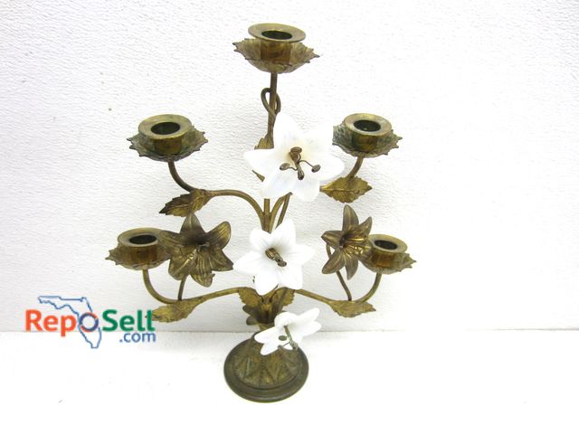 Lot 31-3279 - Milk Glass and Brass Candle Holder 14.5" H