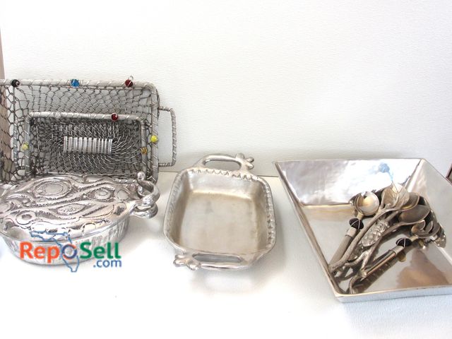 Lot 31-1320 - (2) Don Drumm Baking Dishes, (2) Silver Tone Wire Trays/Baskets, Unique Utensils, Lunares Large Serv...