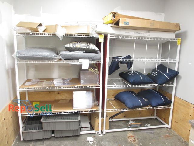 Lot 31-3080 - (2) Metal Racks w/Contents: Pillows, Hardware Bins, Shelving Material, etc. 48"x63"