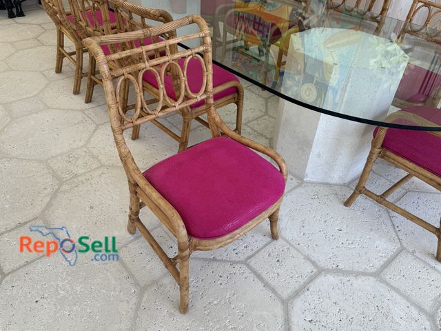 Lot 31-1082 - (10) Henredon Natural Rattan Dining Chairs w/Fuchsia Reptile Fabric - Chairs Only