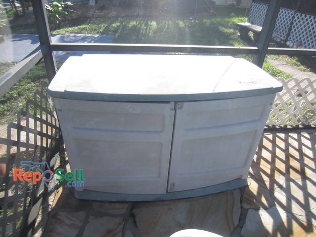Lot 31-8600 - Suncast Pool Deck Box With Contents, 56" Length, Outdoor Storage Cabinet