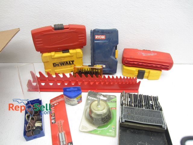 Lot 31-7431 - Drill Bits - Some Milwaukee &amp; DeWalt, Wrench Racks, Rotary Abrasives, etc.