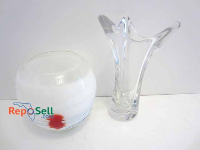 Lot 31-9096 - One Clear Glass Vase Signed/Numbered And One White Glass Bowl With Blue And Red Accents.