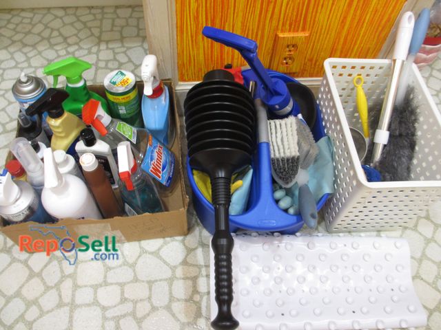 Lot 31-1343 - Cleaning Supplies: Scrubbers, Duster, Toilet Supplies, Cleaning Sprays - Windex, Lysol, etc. - Totes...