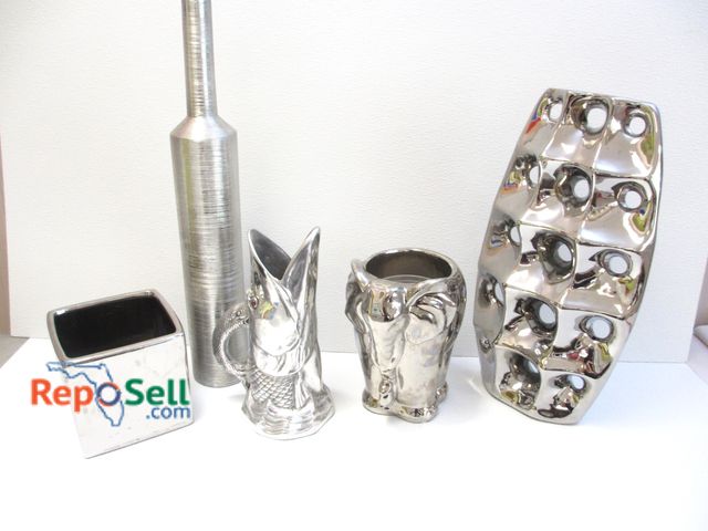 Lot 31-1354 - (5) Silver Tone Decor Pieces: Fish Pitcher - Taiwan 1981, Elephant Flower Pot, etc.