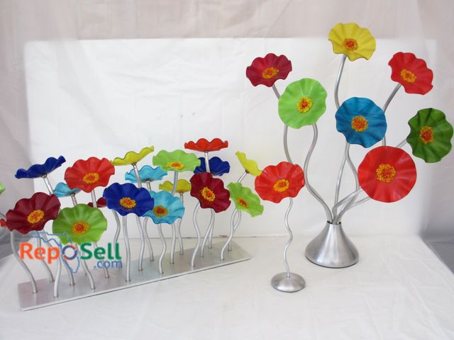 Lot 31-1008 - (3) Blown Glass Flower Petal Sculptures, Metal Base, Tallest Piece: 26"H