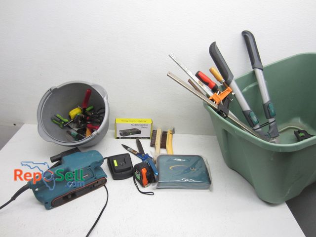 Lot 31-9483 - Tote Of Tools: Makita Sander (Power On), Tire Repair Kit, AC/DC Control Relay etc