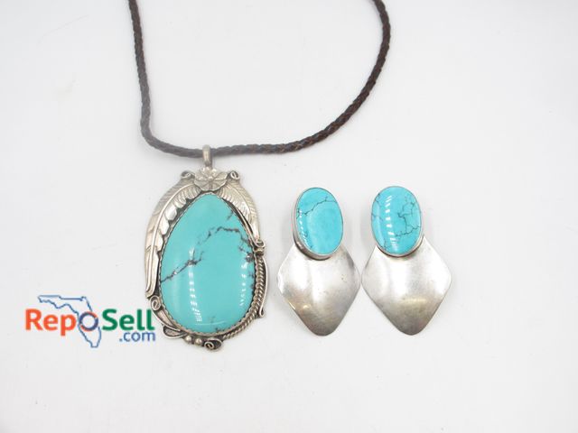 Lot 31-9256 - .925 Silver Large Turquoise Pendant (31gt)  on cord and .925 Turquoise Earrings (18.08gt)