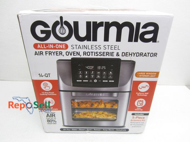 Lot 31-3319 - 14QT Gourmia Stainless Steel Air Fryer/Oven/Rotisserie &amp; Dehydrator - Includes 5pc Accessories K...