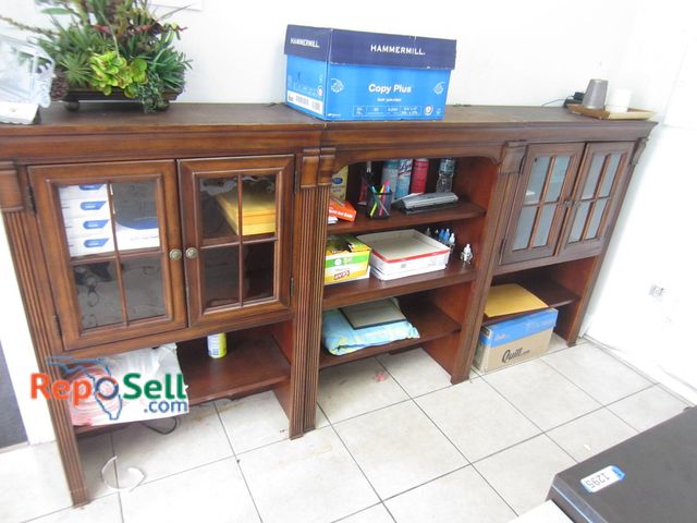 Lot 31-1296 - Three Piece Wood Cabinet 96" x 48 x 13 Total With Glass Doors, Shelves, And Office Supply Contents I...