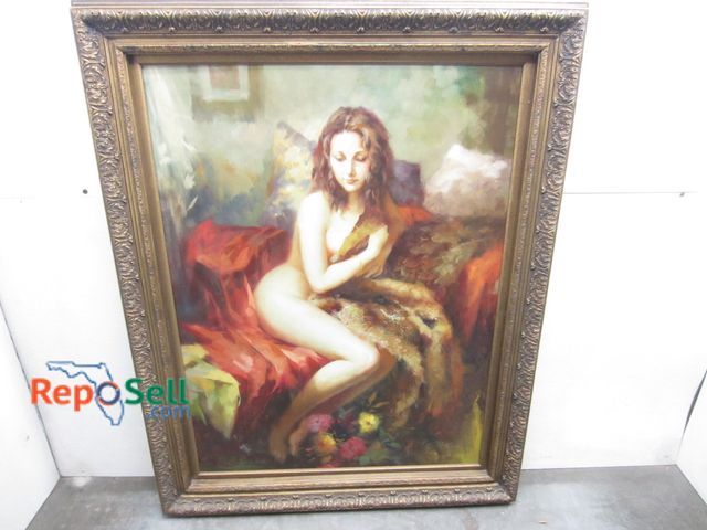Lot 31-6498 - Large Antique Original Oil Painting by E. Hartman of Seated Nude Woman - 28"x48.5" w/ COA