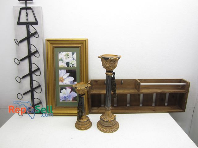 Lot 31-5346 - Estate Lot: Wine Holder, (2) Candlesticks, Wall Cabinet etc