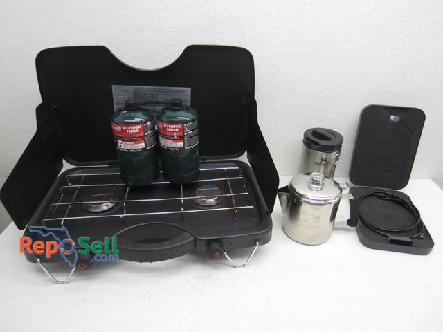Lot 31-9185 - Camping Lot: Grill, (2) Full Propane Bottles, Coffee Pot, Stainless Steel Cup, Lock Box w/ Key
