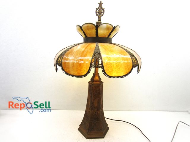 Lot 31-5131 - Vintage Glass Tiffany Style Bronze Base Lamp, 30" High, Powered On