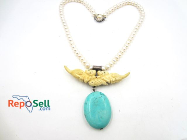 Lot 31-6196 - Carved Cat, Turquoise, Pearl, Sterling Silver Necklace, 16" Long