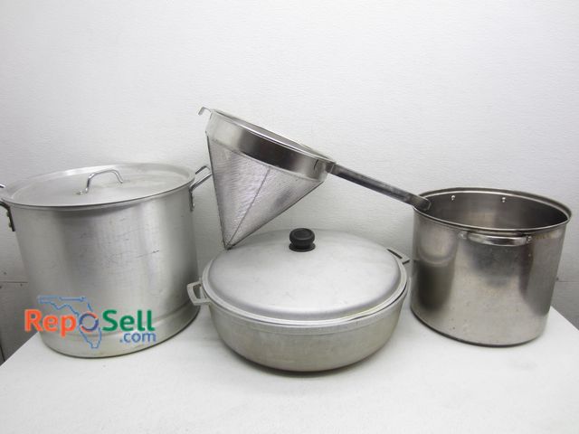 Lot 31-5565 - (3) Large Commercial Pots - 2 Have Lids, (1) Strainer