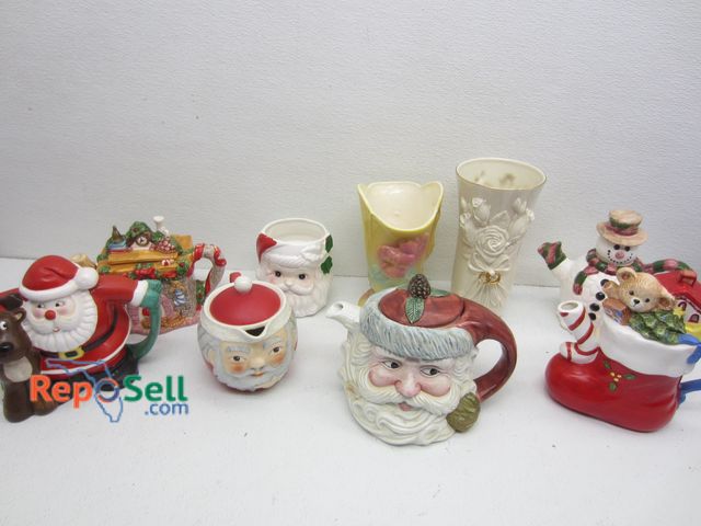 Lot 31-9381 - (9) Vases &amp; Teapots; Lenox, Santa, OCI, etc.