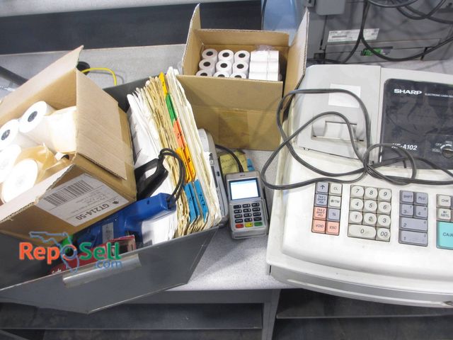 Lot 31-1333 - Includes A Sharp Electronic Cash Register Model XE-A102, Credit Card Machines, Boxes Of Register Pap...