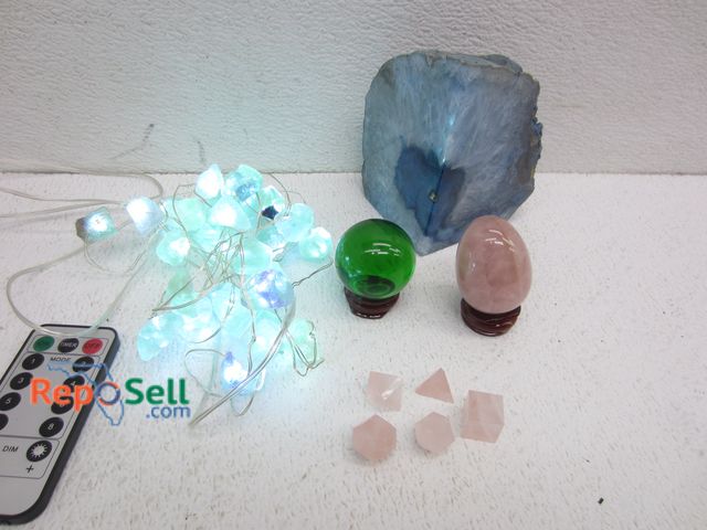 Lot 31-5497 - Blue Geode, Light-Up Fluorite String, Rose Quartz Shapes, etc. - Total Weight 3lb 8oz