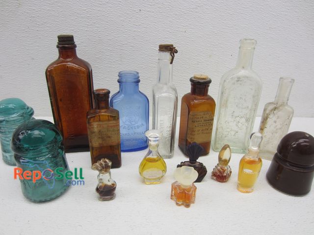 Lot 31-8205 - (16)  Total Vintage Glass Bottles, Glass Insulators &amp; Miniature Perfume Bottles
