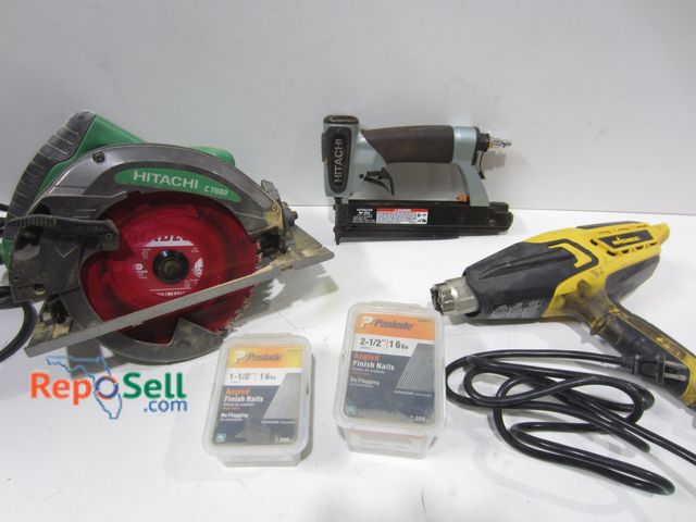 Lot 31-8108 - Hitachi Circular Saw &amp; Wagner Heat Gun (both power on), Pin Nailer, Nails &amp; Cases